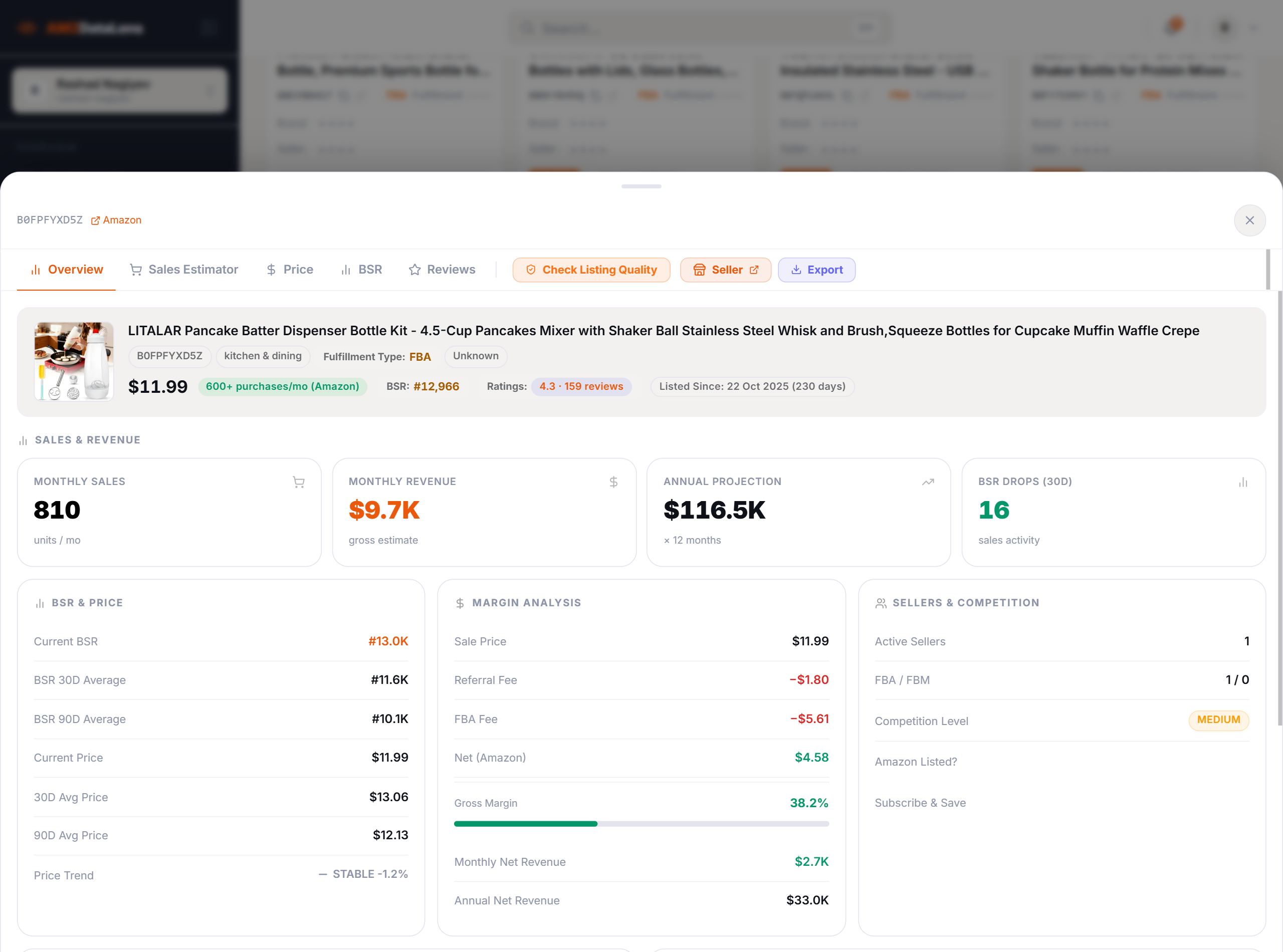 AMZDataLens product overview panel for LITALAR Pancake Batter Dispenser showing 810 monthly sales, $9.7K monthly revenue, $116.5K annual projection, 16 BSR drops in 30 days, and margin analysis with 38.2% gross margin and $4.58 net to Amazon