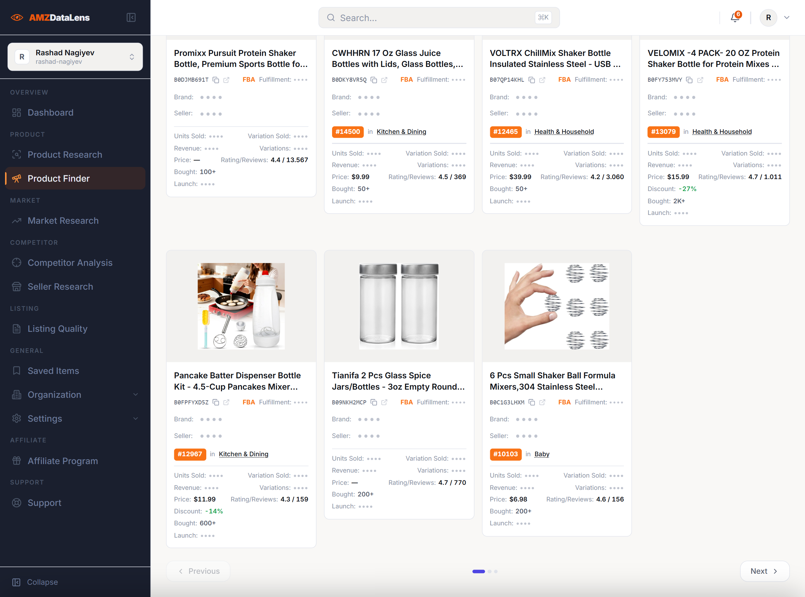 AMZDataLens Product Finder results grid showing shaker bottle and kitchen products with BSR, price, rating, review count and FBA fulfillment details