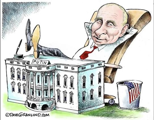 Cartoon of Putin using the US White House as a desk, reclining with his feet on the table