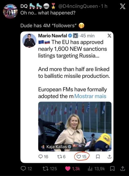 A social media quote tweet of pro-Russian user Mario Nawfal discussing new EU sanctions targeting Russia, highlighting only 15 likes from supposedly 4 Million followers