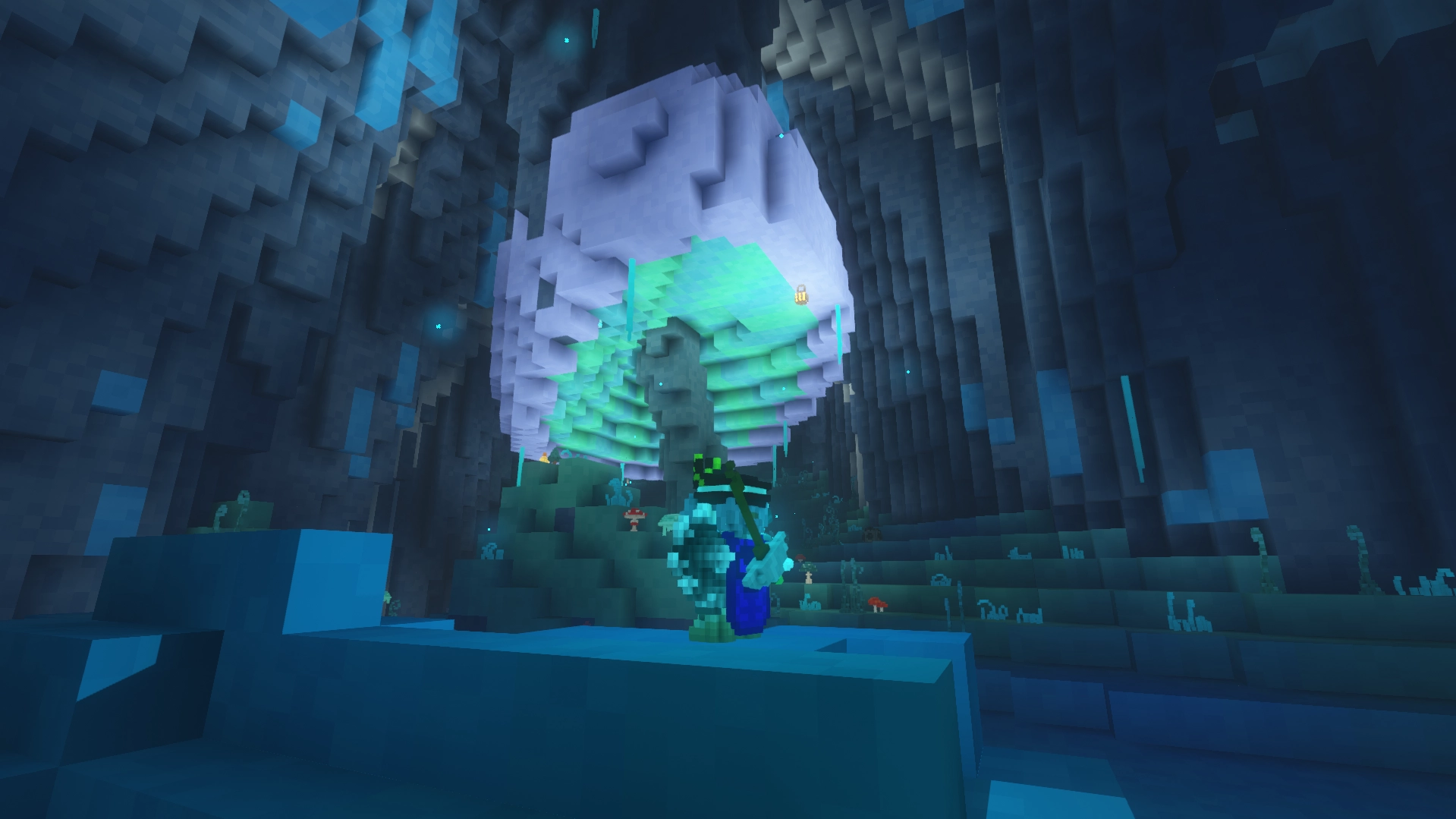 A large glowing mushroom inside a cave