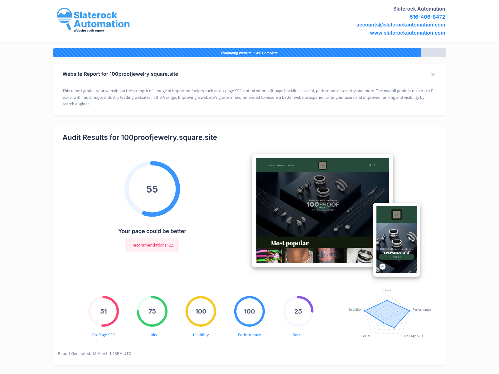 Screenshot showcasing the high ratings and customer testimonials for 100 Proof Jewelry.