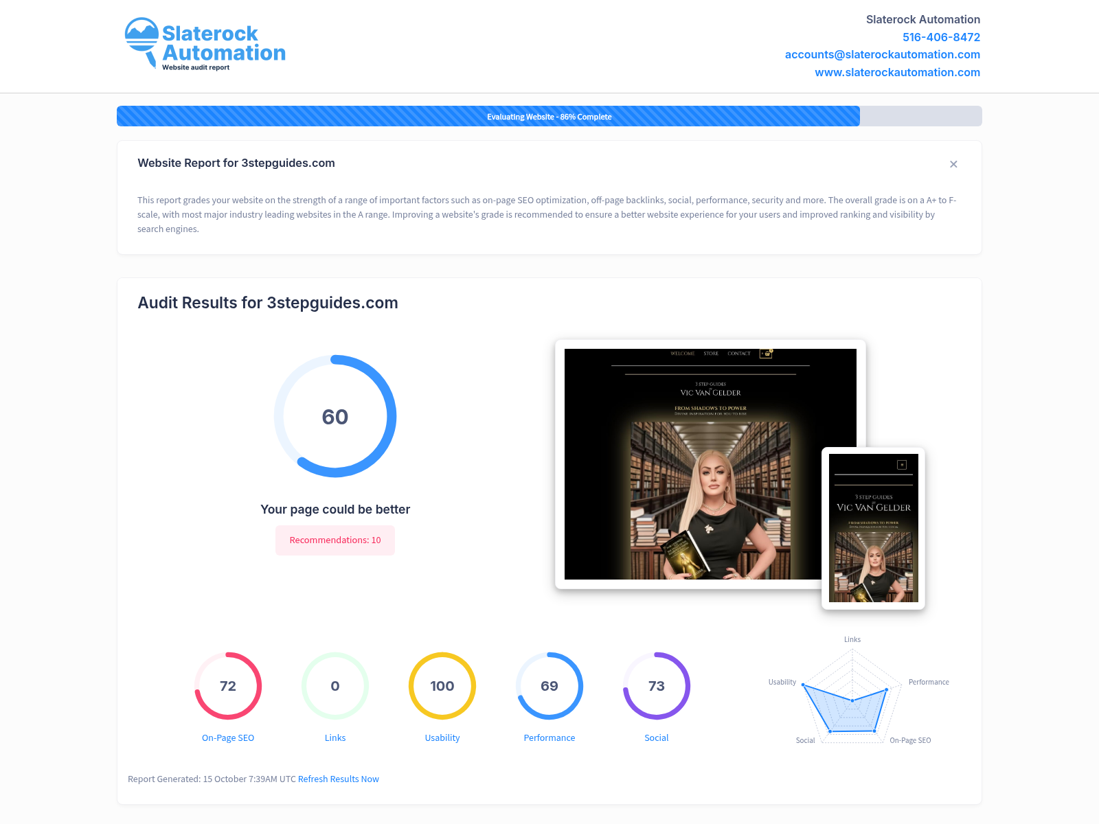 Screenshot of the website audit for 3 Step Guides in Harris, Texas, showcasing performance metrics and optimization strategies.