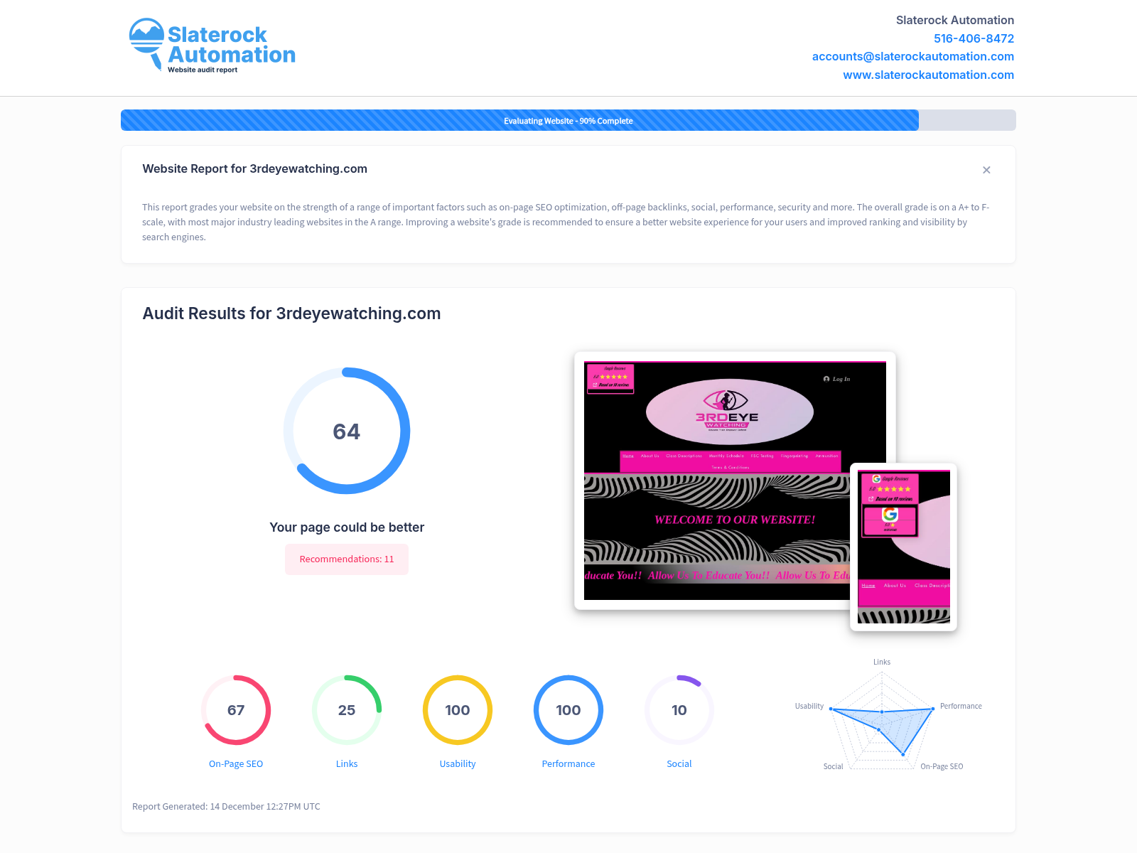 Website audit screenshot showcasing the performance and optimization of 3rd Eye Watching's online presence.