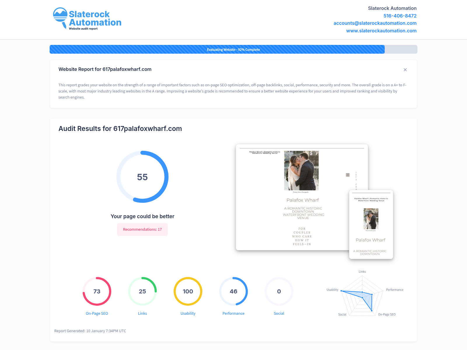 Screenshot of a website audit showcasing the performance of 617 Palafox Wharf in search results.