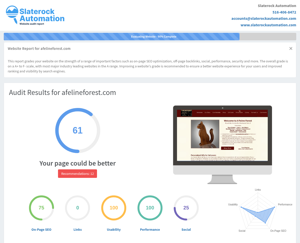 Screenshot of A Feline Forest website audit showcasing unique cat figures and customer satisfaction.