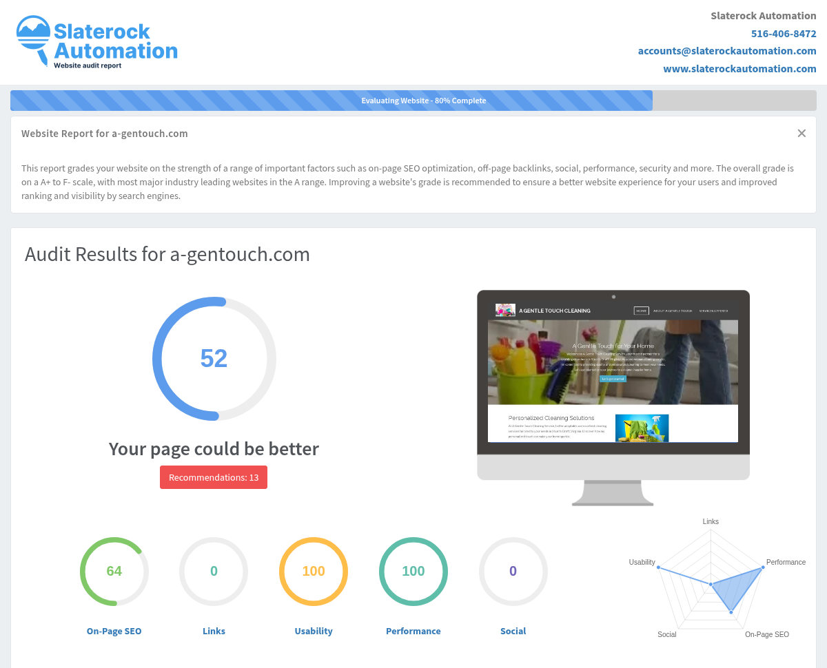 Screenshot of A Gentle Touch Cleaning Service website audit showing quality ratings and customer satisfaction metrics.