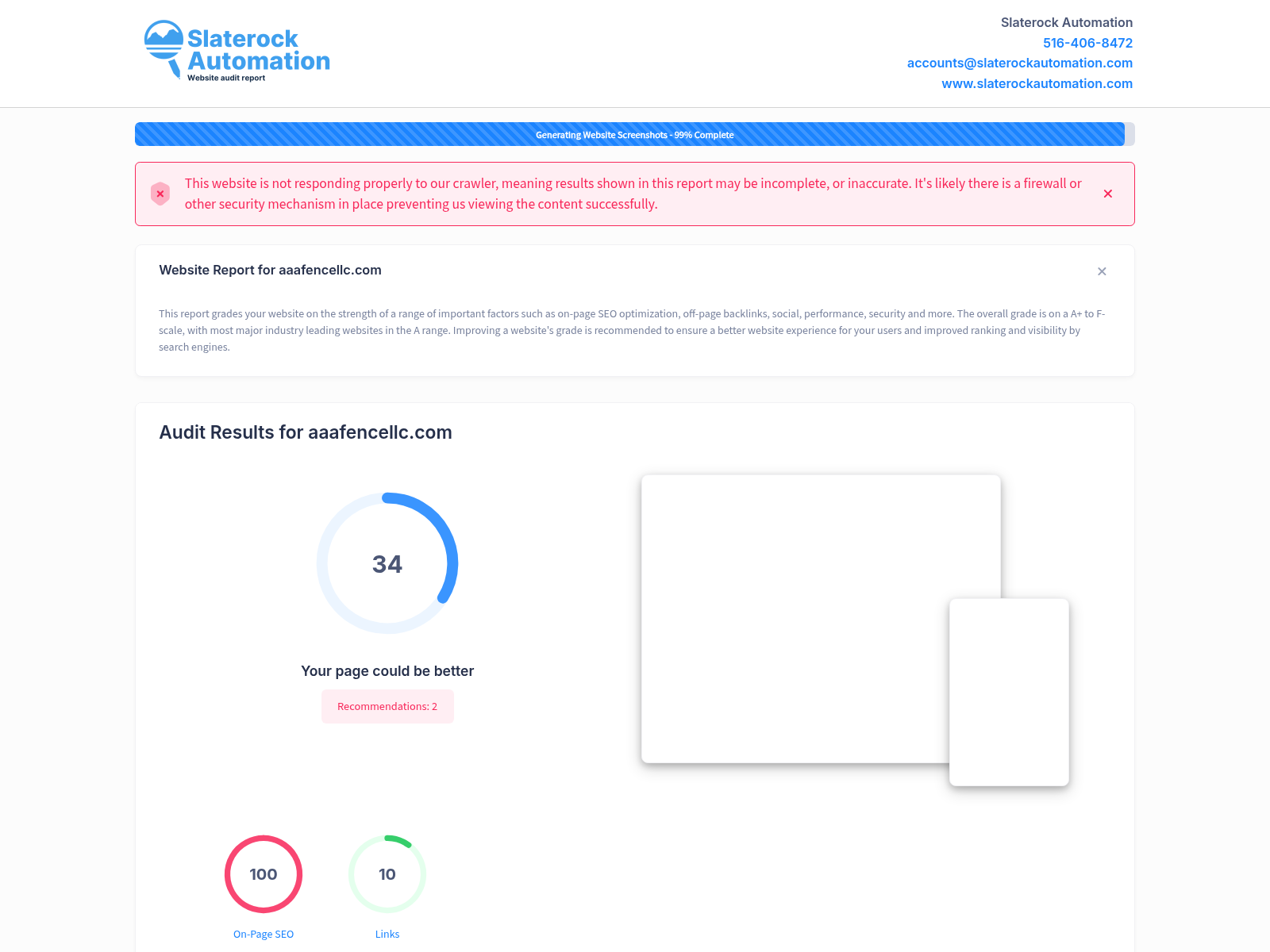 Screenshot of AAA Fence LLC website audit highlighting SEO performance and customer reviews.
