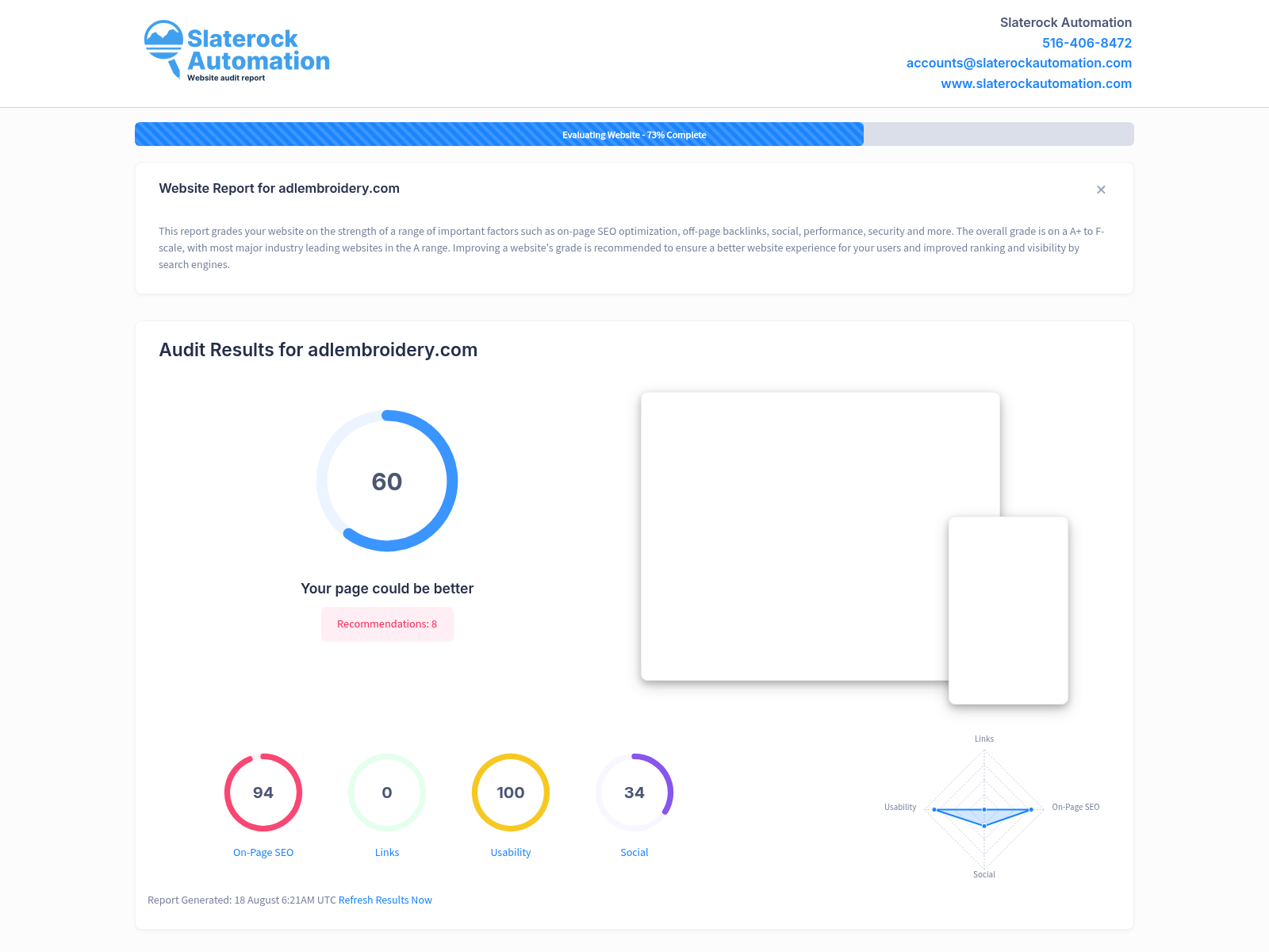 Screenshot of ADL Embroidery website audit showcasing SEO performance and optimization.