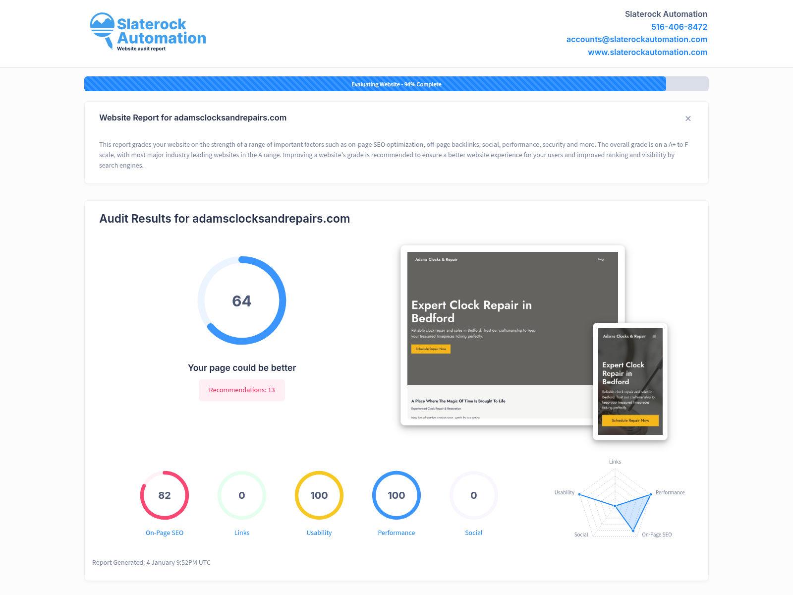 Screenshot of a website audit for Adams Clocks and Repairs showcasing SEO performance and areas for improvement.