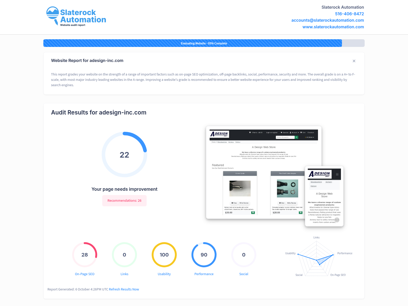 A website audit screenshot showcasing Adesign Inc's diverse range of custom engineered products including rotary tool attachments and fishing gear.