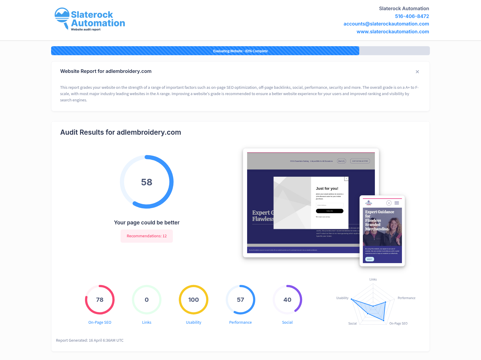 Adl Embroidery website audit screenshot displaying service offerings and customer testimonials.