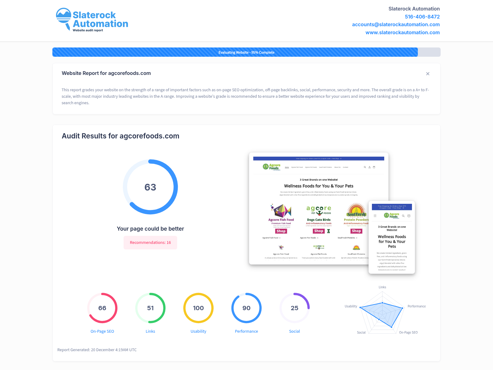 Website audit screenshot of Agcore Foods showcasing their premium wellness food products.