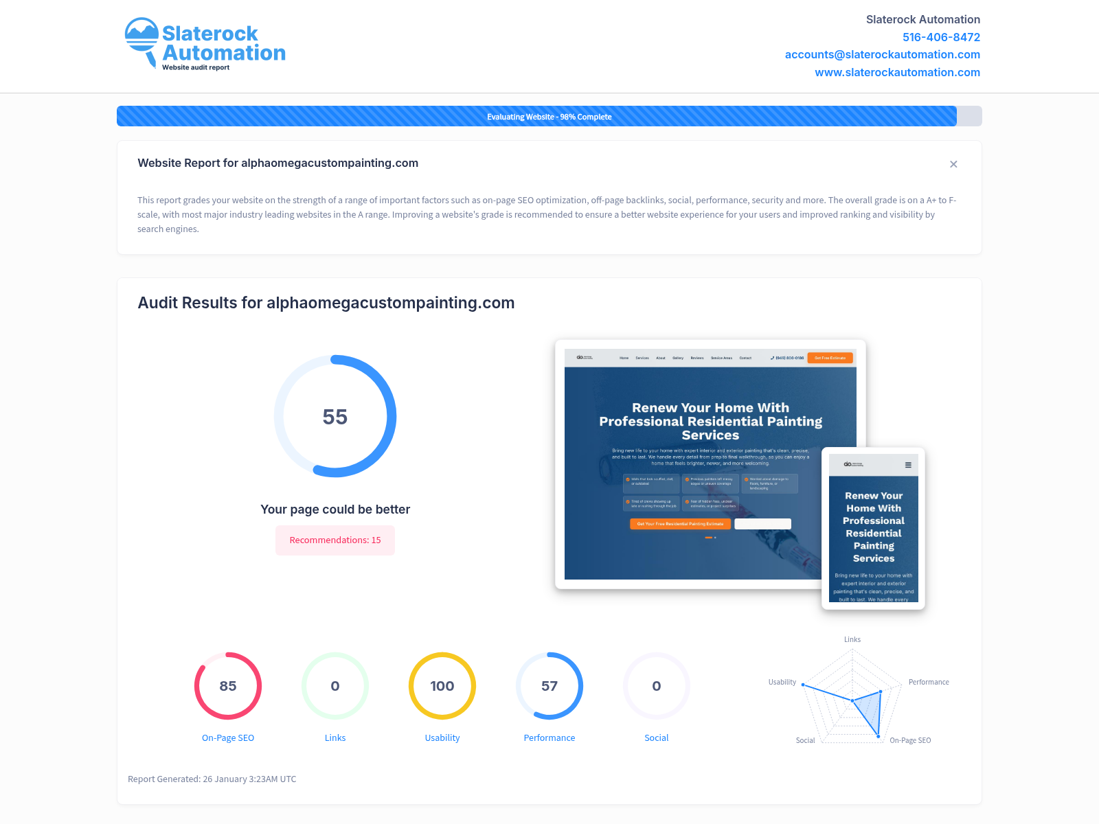 Screenshot showcasing the website audit results for Alpha Omega Custom Painting's site performance and SEO optimization.