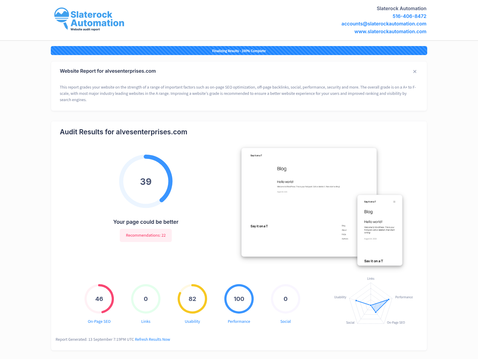 Screenshot of Alves Enterprises website audit highlighting positive customer reviews and service quality.