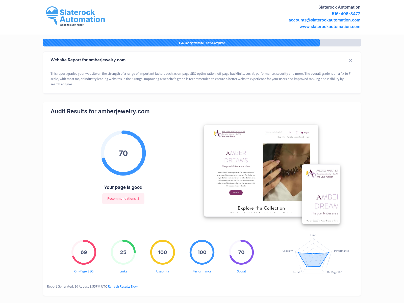Screenshot of Andzia's Amber Jewelry website audit showcasing site performance and SEO metrics.