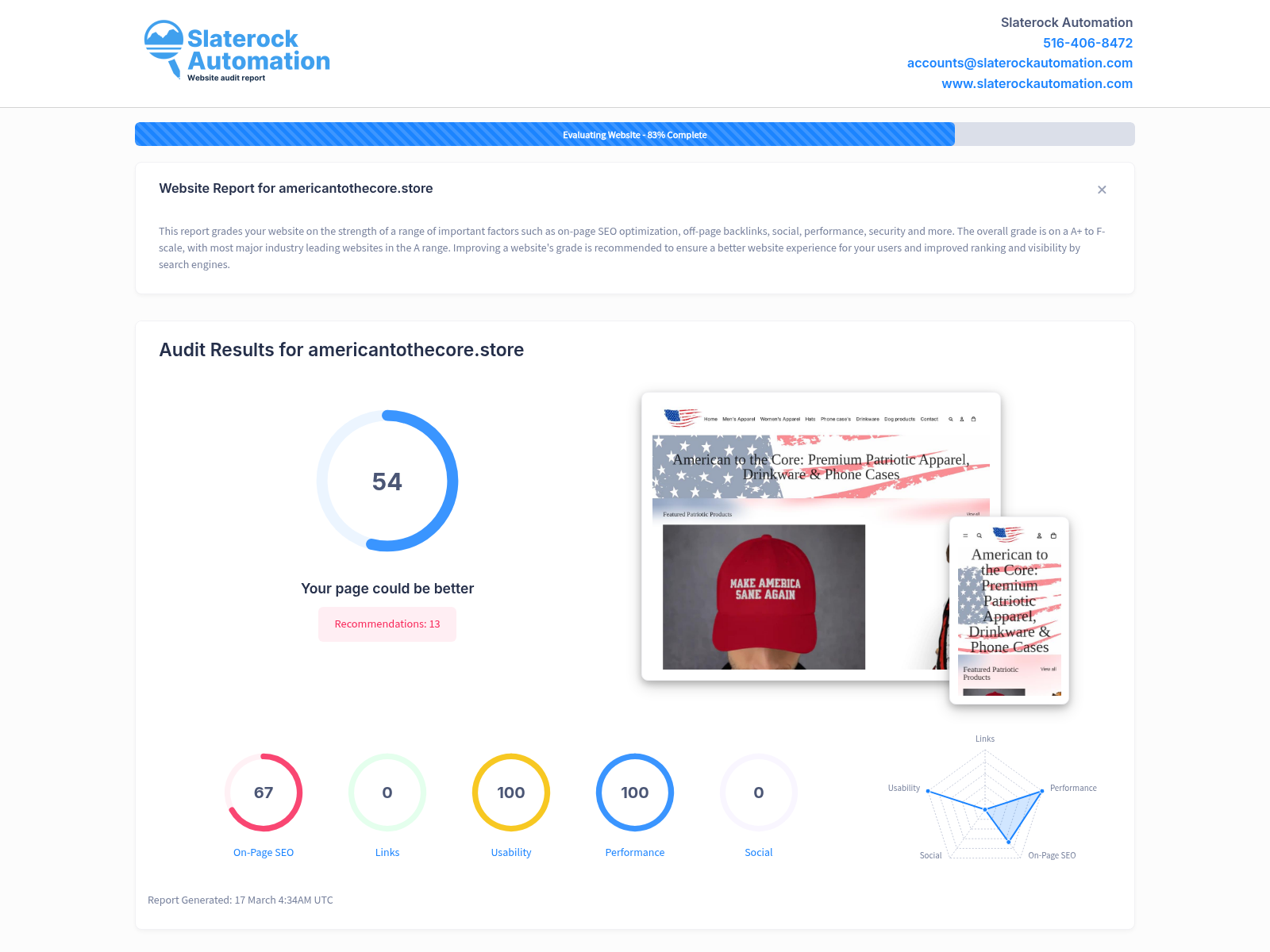 Website audit screenshot showcasing American To The Core's online store features and product offerings.