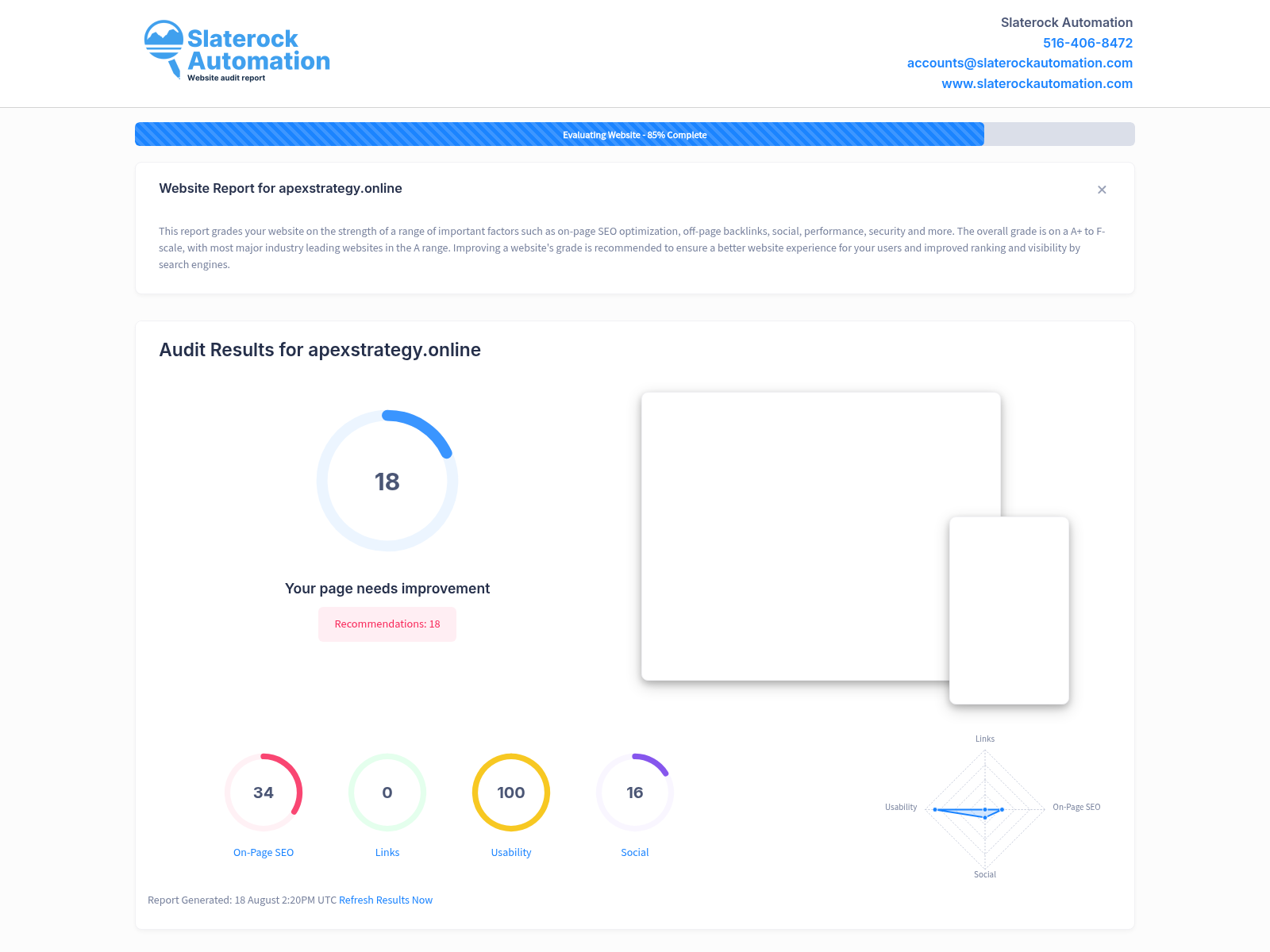 Screenshot of a website audit for Apex Strategy highlighting key performance metrics and areas for improvement.