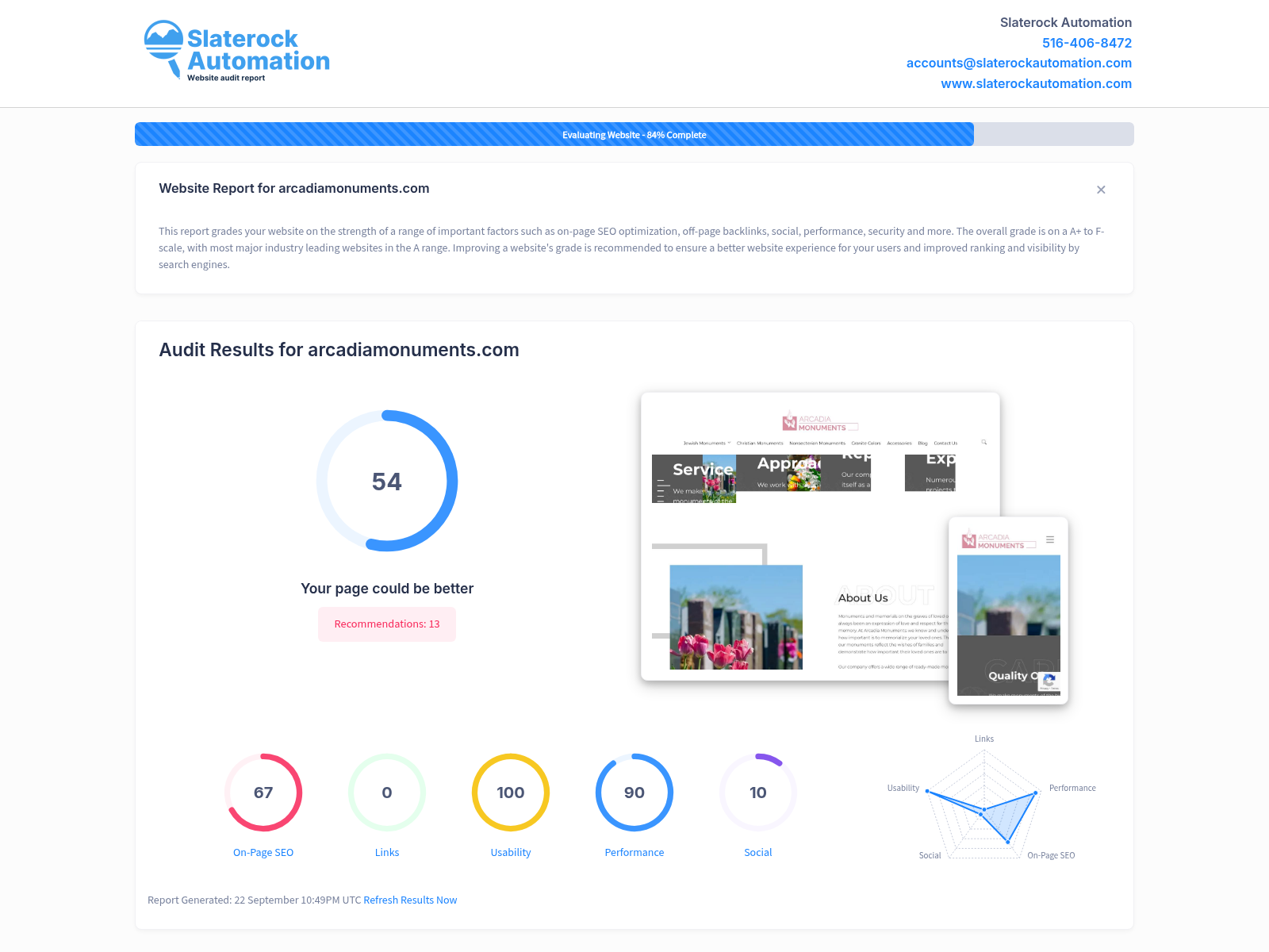 A detailed screenshot of Arcadia Monuments website audit showcasing SEO performance and design elements.