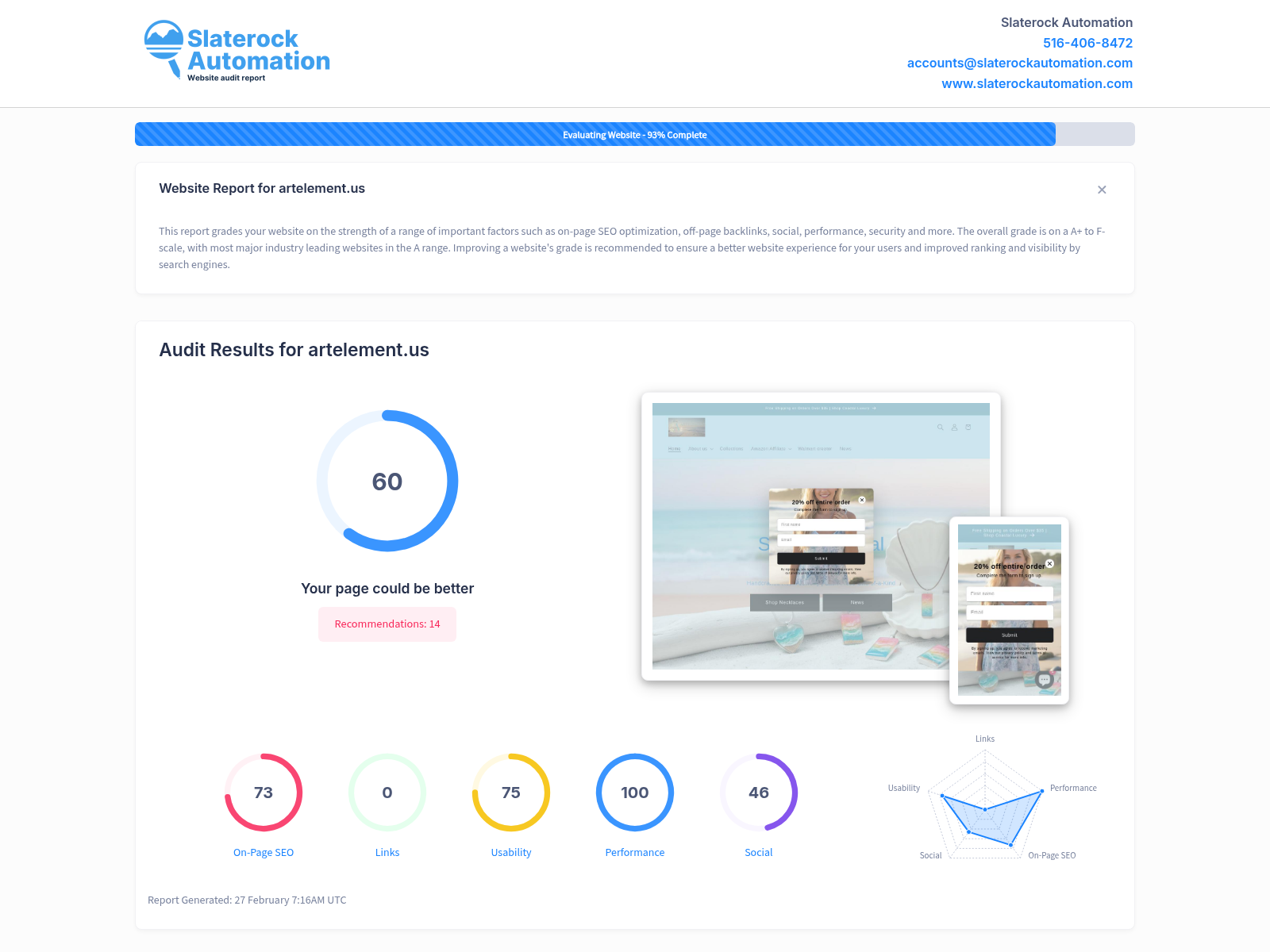 A screenshot displaying the website audit results for Art Element, highlighting key performance indicators and optimization suggestions.