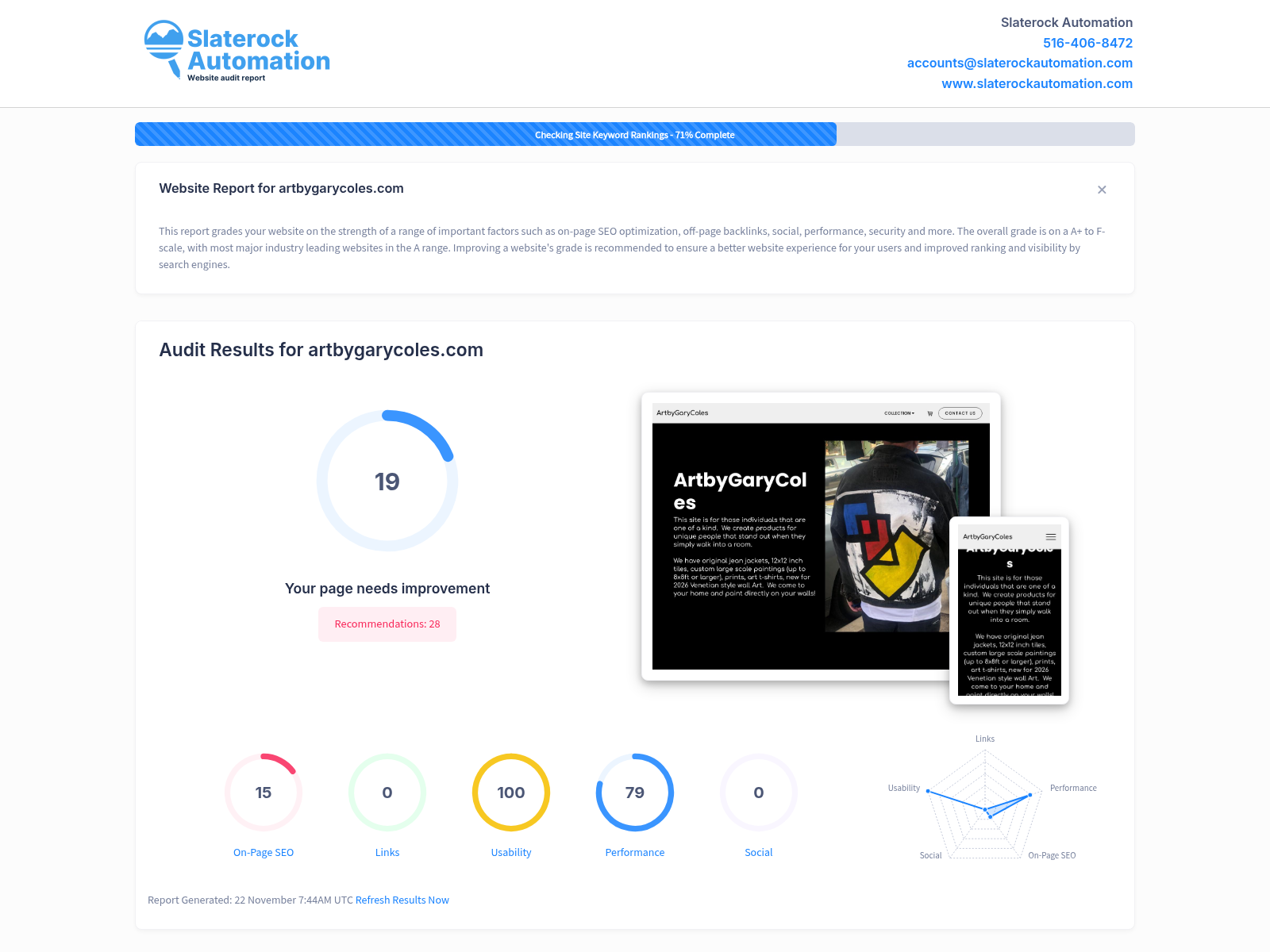 Screenshot of a website audit for Art by Gary Coles showcasing SEO performance and optimization.
