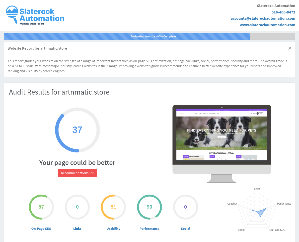 Screenshot of ArtMatic website audit showing performance metrics and SEO insights.