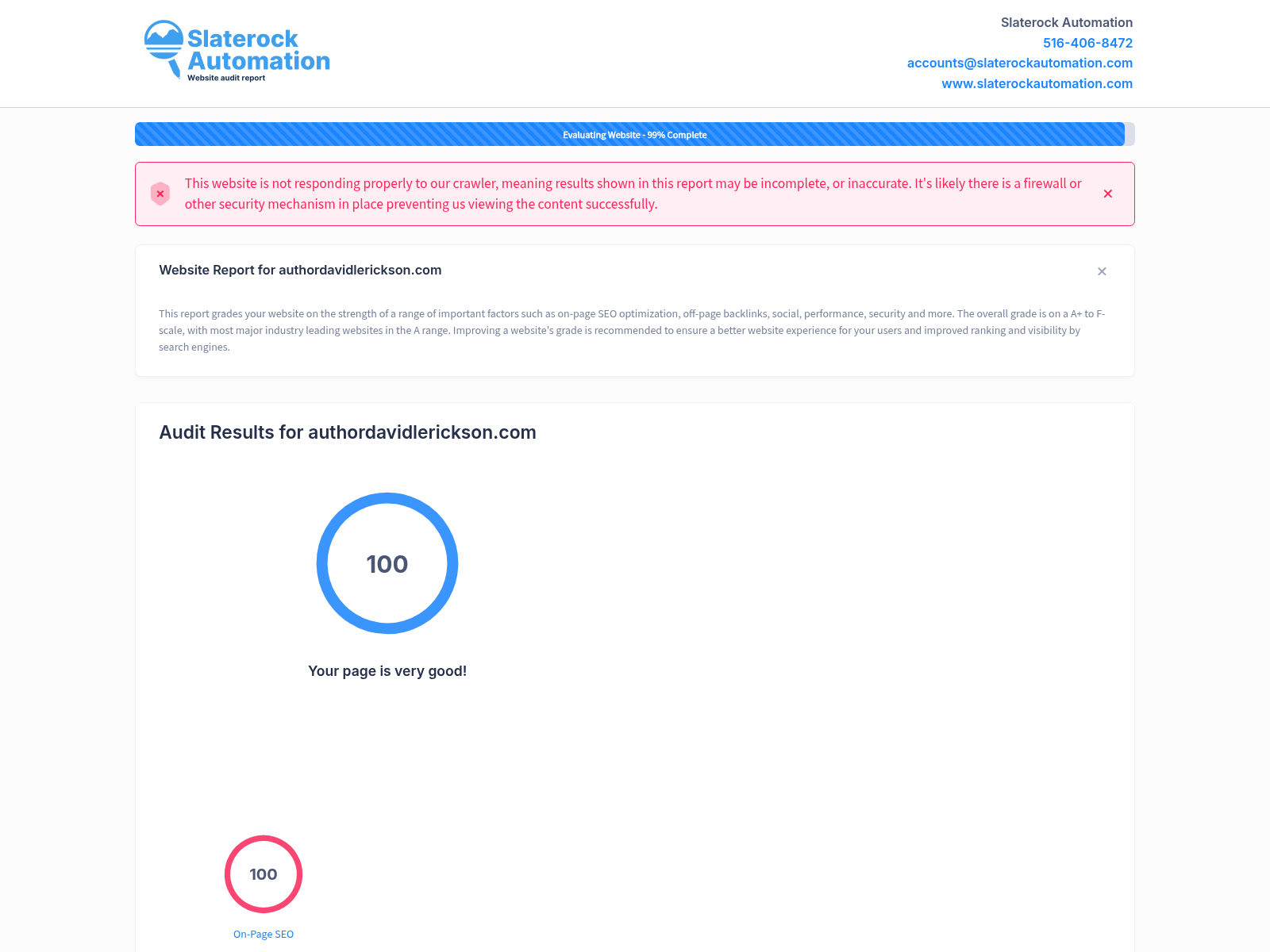 Screenshot of a website audit for author David Lerickson, showcasing his literary achievements and online presence.