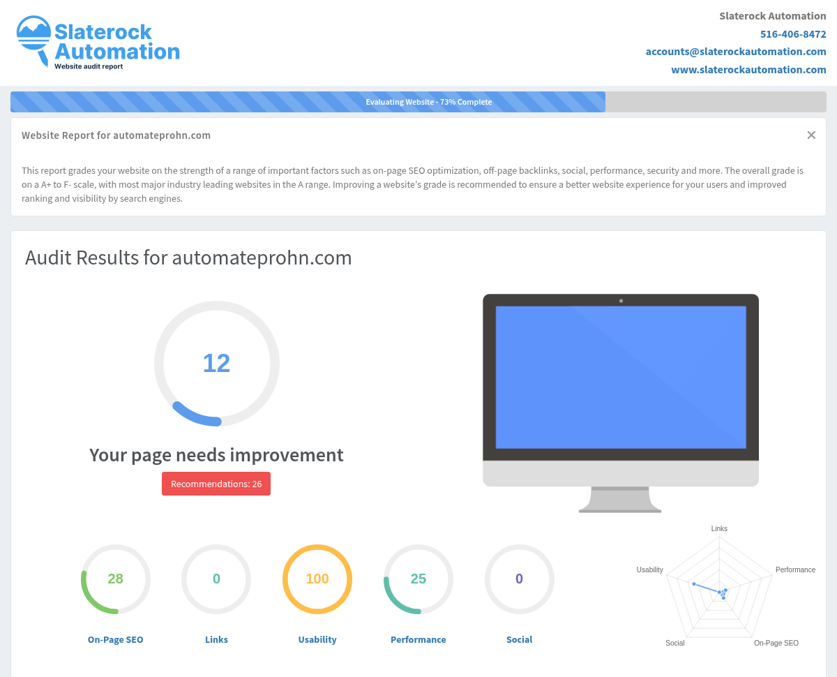 Screenshot of a website audit showcasing performance metrics and optimization opportunities for AutomateProHN's clients.