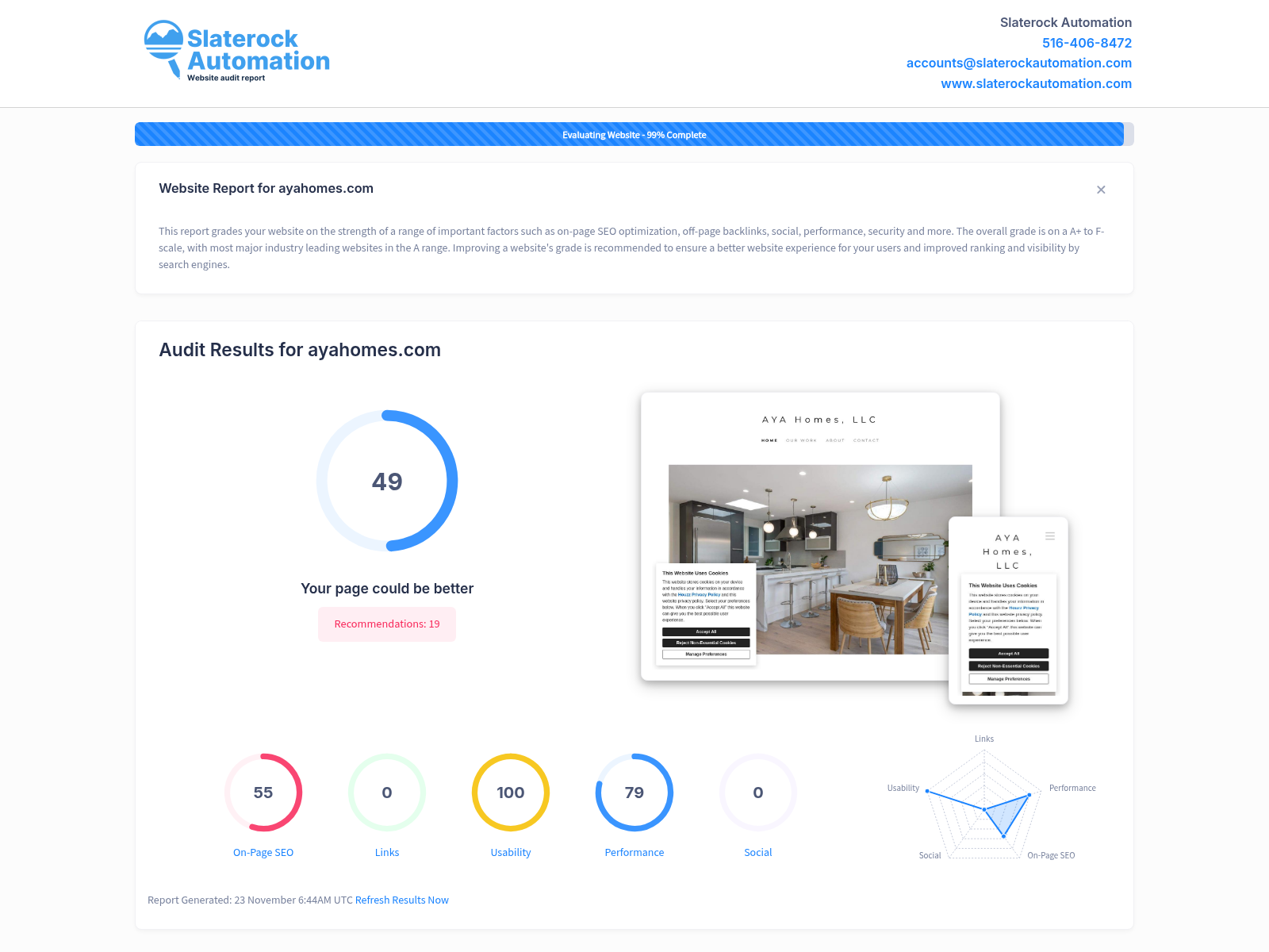 AYA Homes website audit showcasing exceptional craftsmanship and client testimonials.