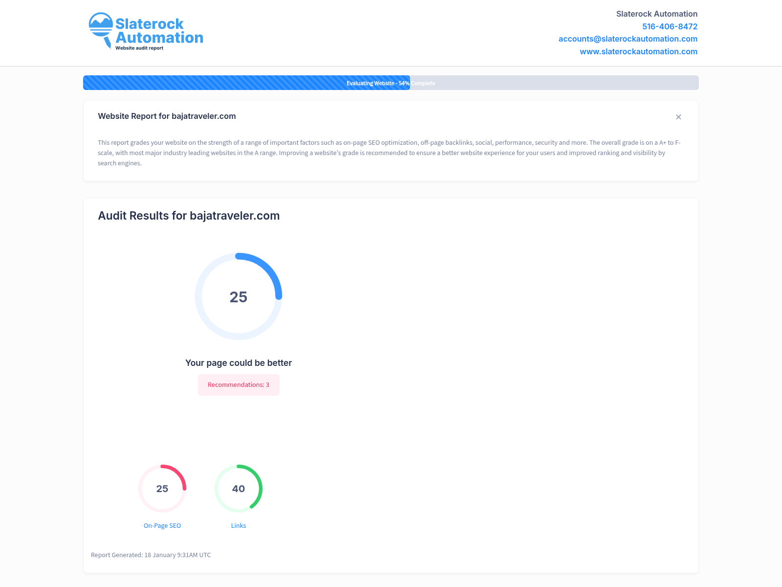 A screenshot of a comprehensive website audit highlighting Baja Traveler's SEO performance and user engagement metrics.