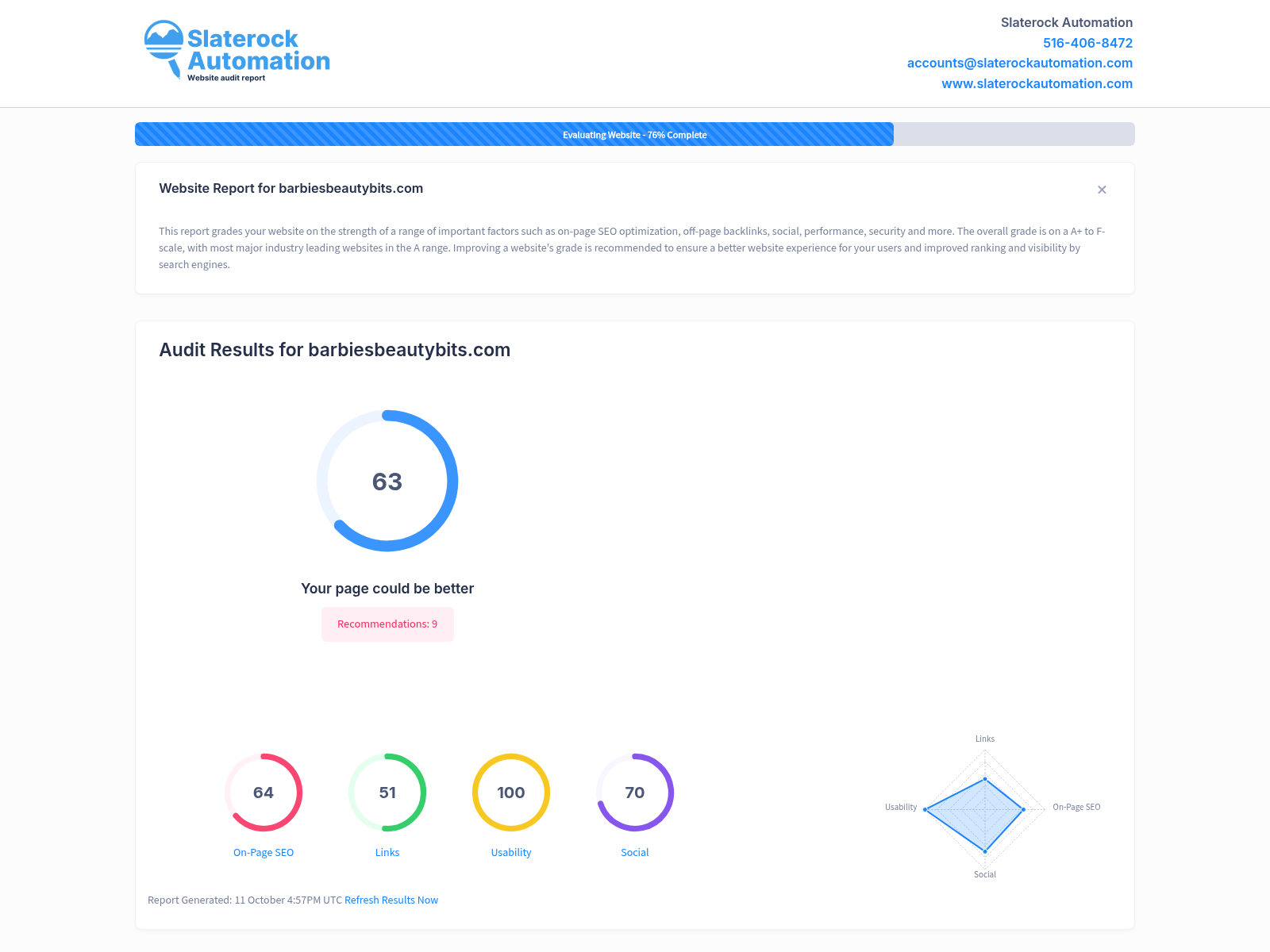 Screenshot of Barbie's Beauty Bits website audit highlighting SEO performance and content marketing strategies.
