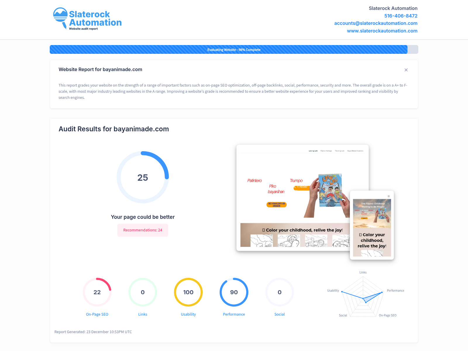 Screenshot of Bayani Made's website audit highlighting their commitment to quality and customer service.