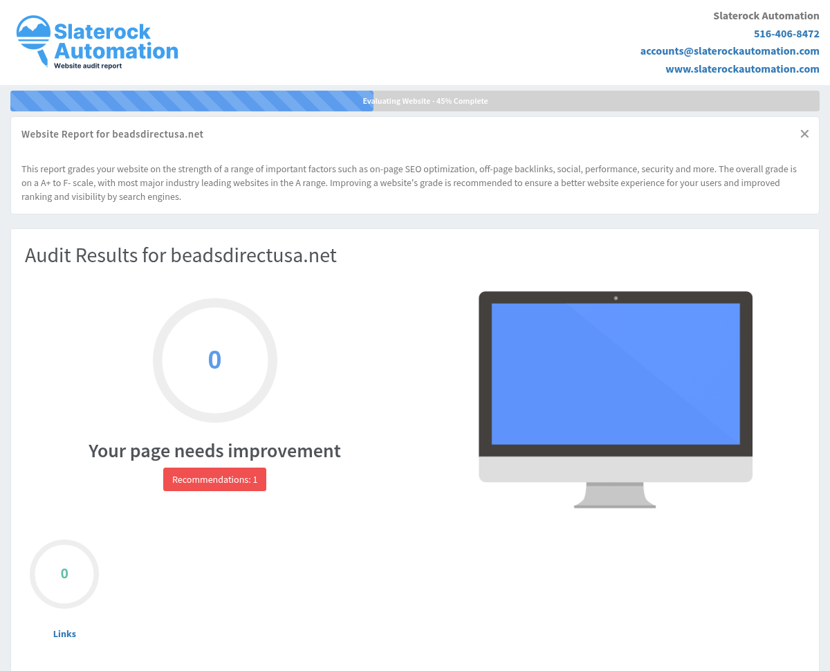 Screenshot of the website audit for Beads Direct USA, showcasing their high-quality bead selection and customer satisfaction ratings.