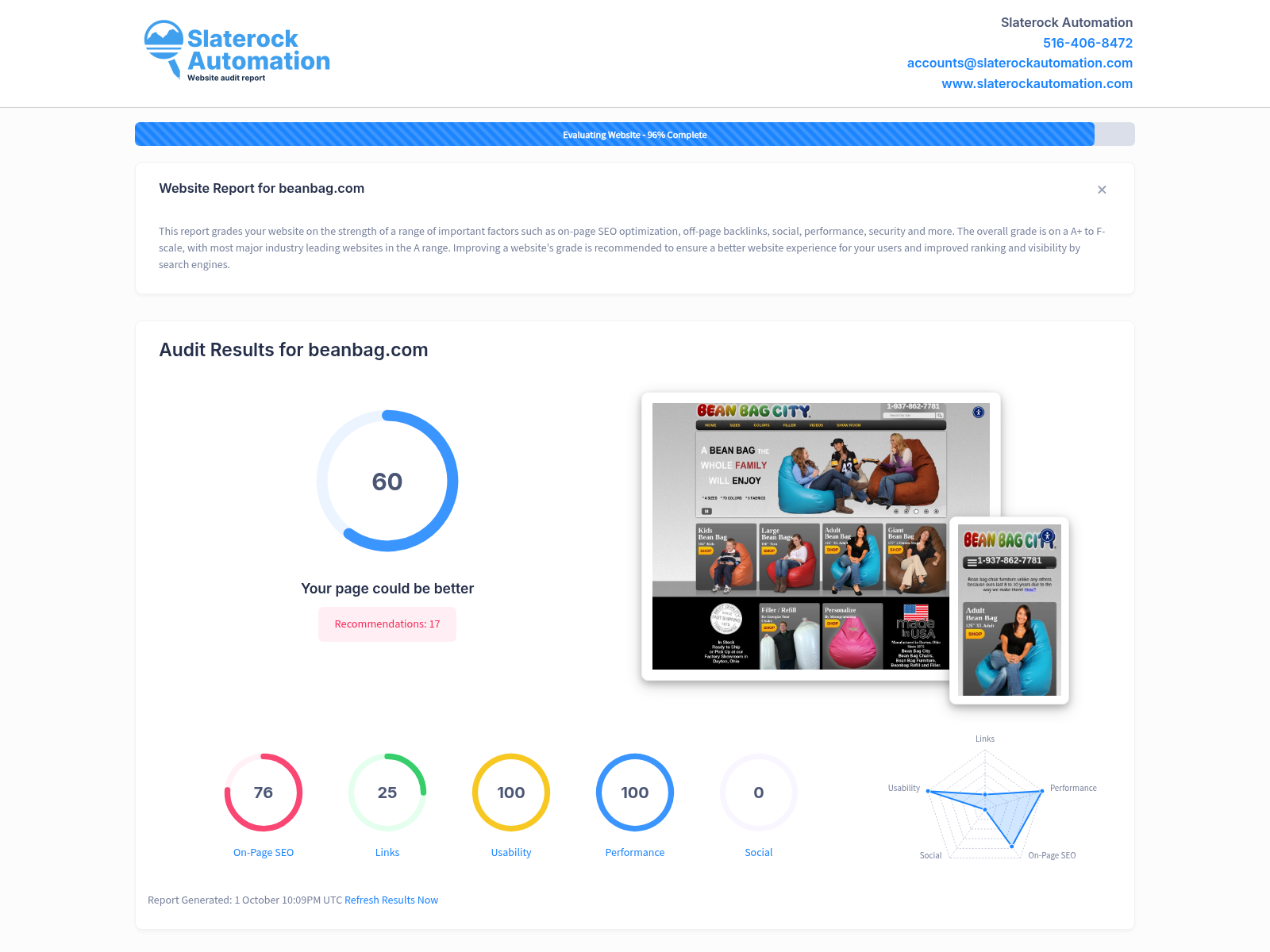 Screenshot of a website audit showcasing Beanbag City's superior product quality and customer satisfaction.