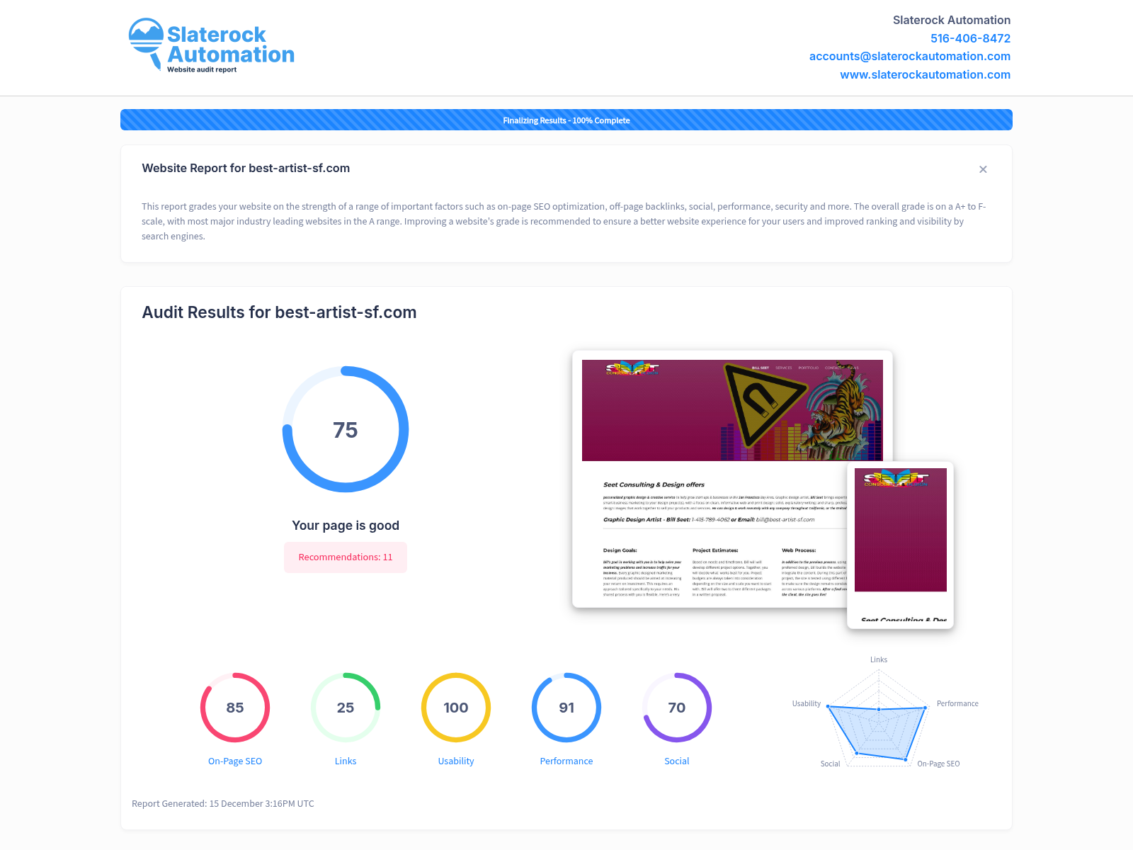 Screenshot of a website audit for Best Artist SF showcasing SEO and design effectiveness metrics.