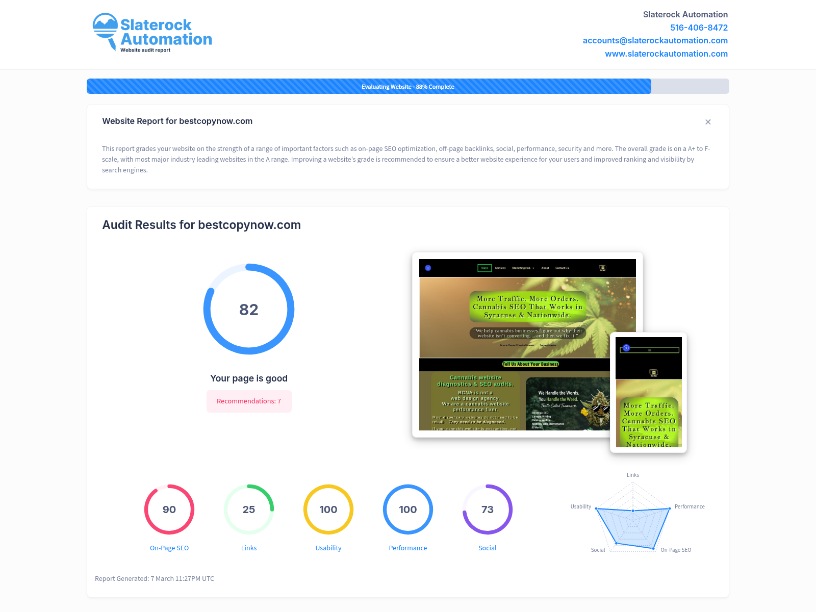 Screenshot of a Best Copy Now website audit showcasing SEO improvements for cannabis dispensaries.