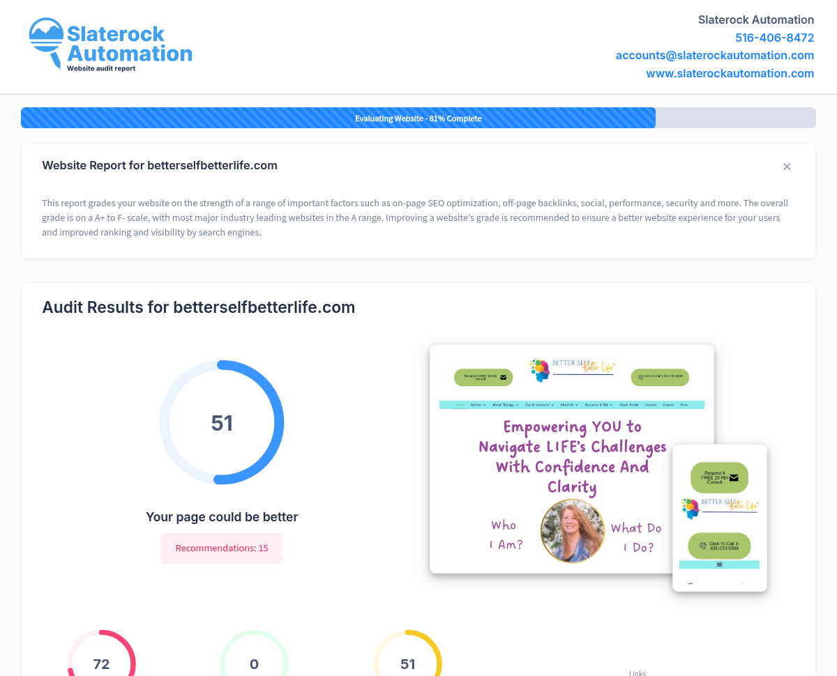 Screenshot of the Better Self Better Life website showing therapy services and client testimonials.