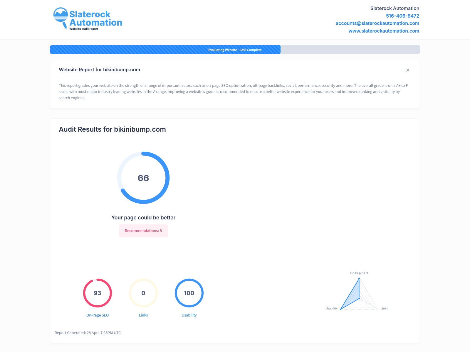Screenshot of a website audit for Bikini Bump showcasing performance metrics and optimization opportunities.