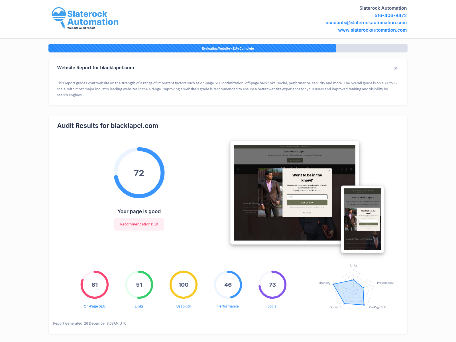 Screenshot of Black Lapel's website audit showing high-quality custom clothing options