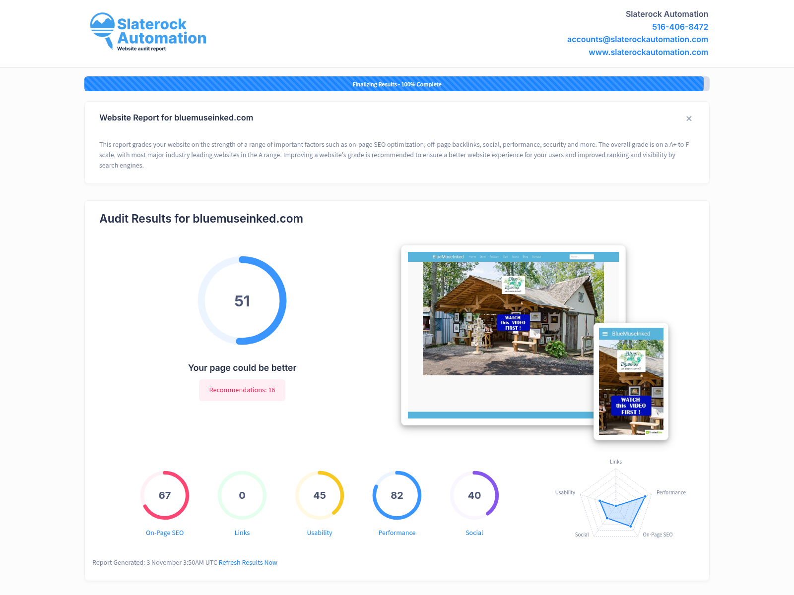 Website audit screenshot showcasing Blue Muse Inked's digital marketing effectiveness and customer satisfaction.