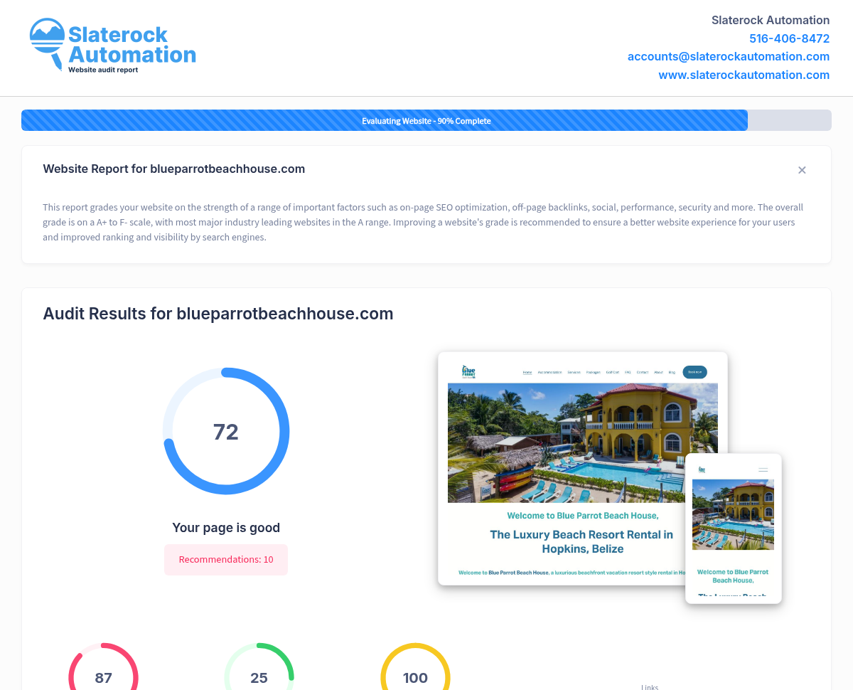 Screenshot of website audit for Blue Parrot Beach House, showcasing performance metrics and optimization insights.