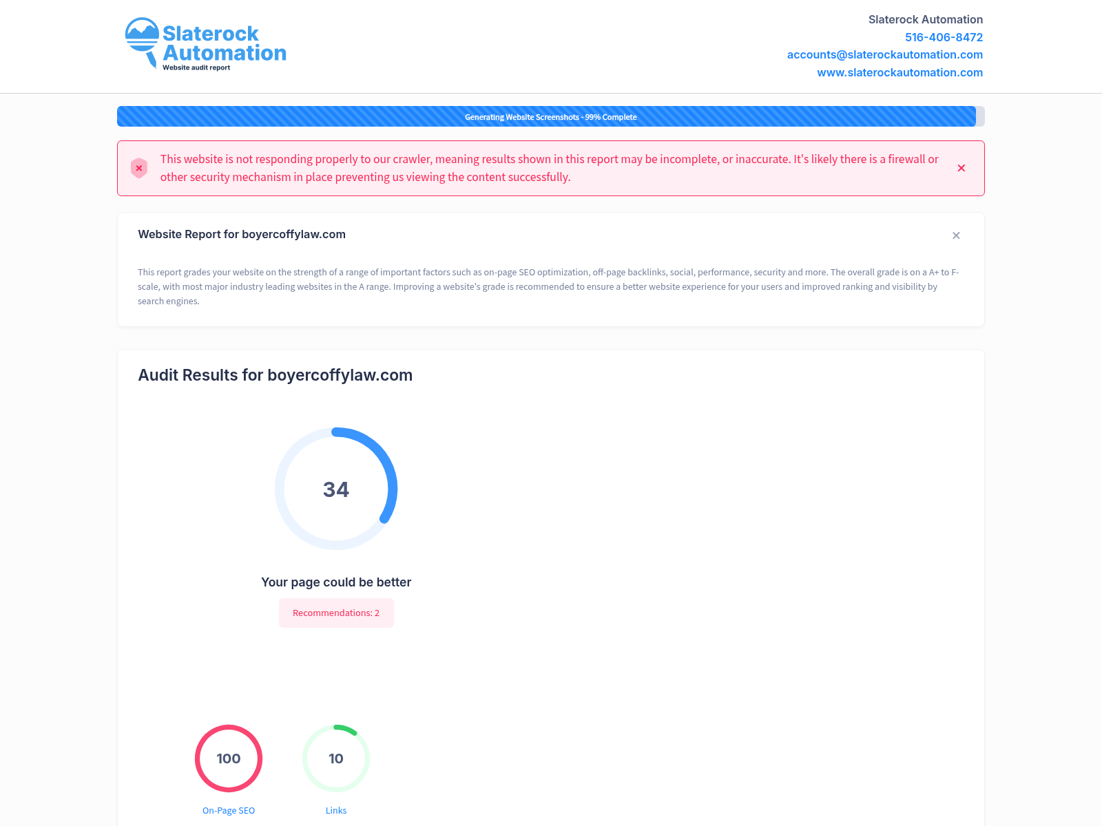 Screenshot of a website audit for Boyer Coffy Law, showcasing performance metrics and SEO analytics.