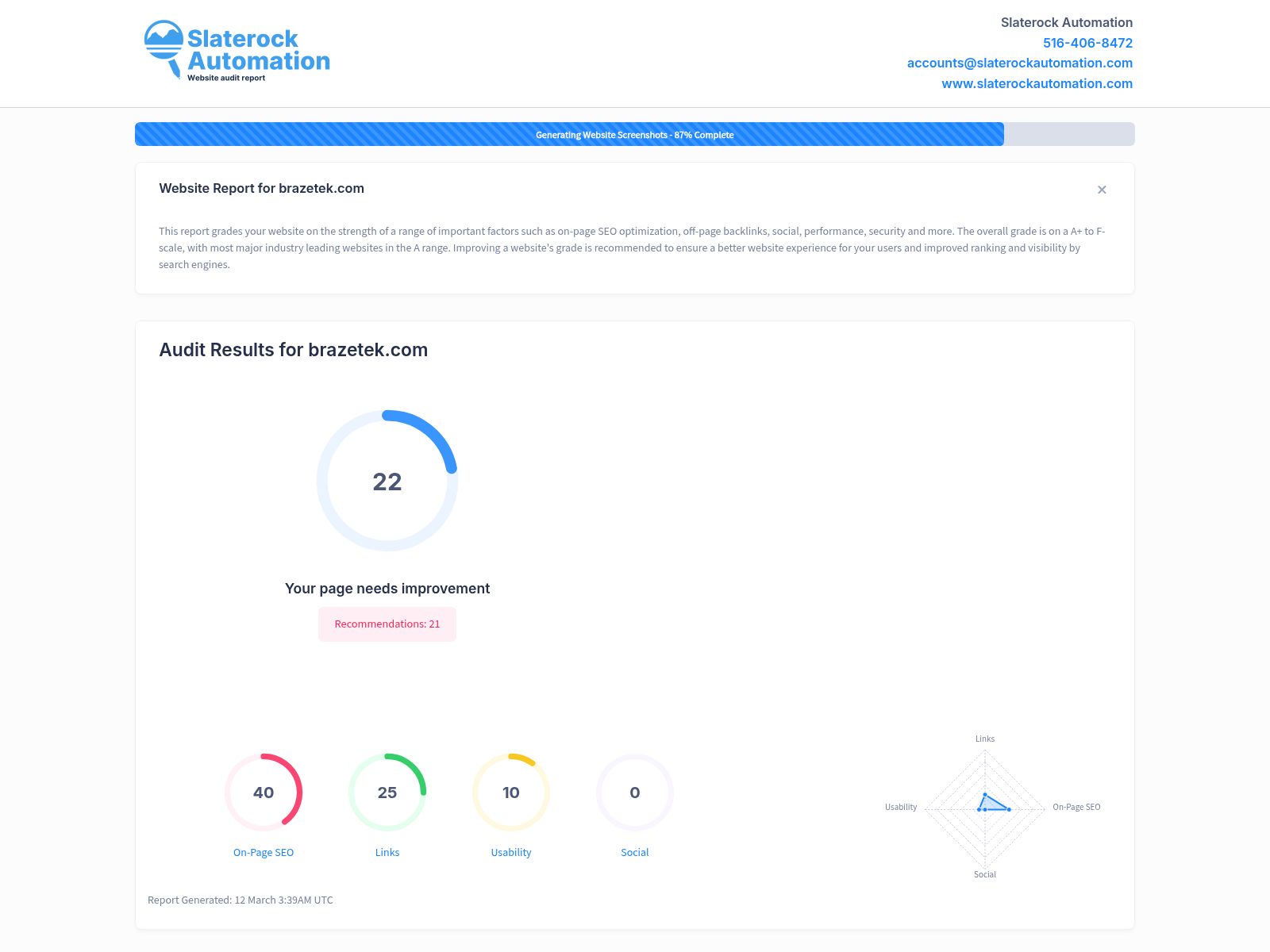 Screenshot of Brazetek's website audit showing performance metrics and optimization details.