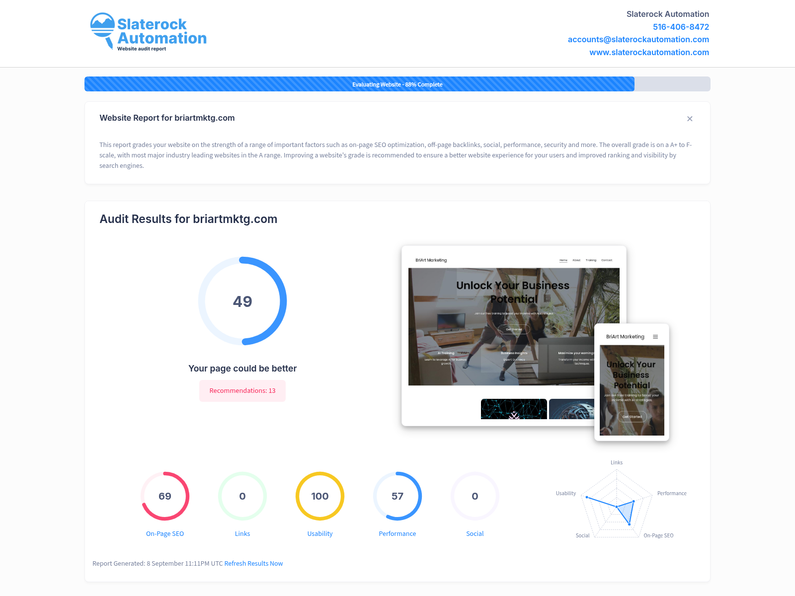 Screenshot of Briar Marketing's website audit showcasing insights and improvements.