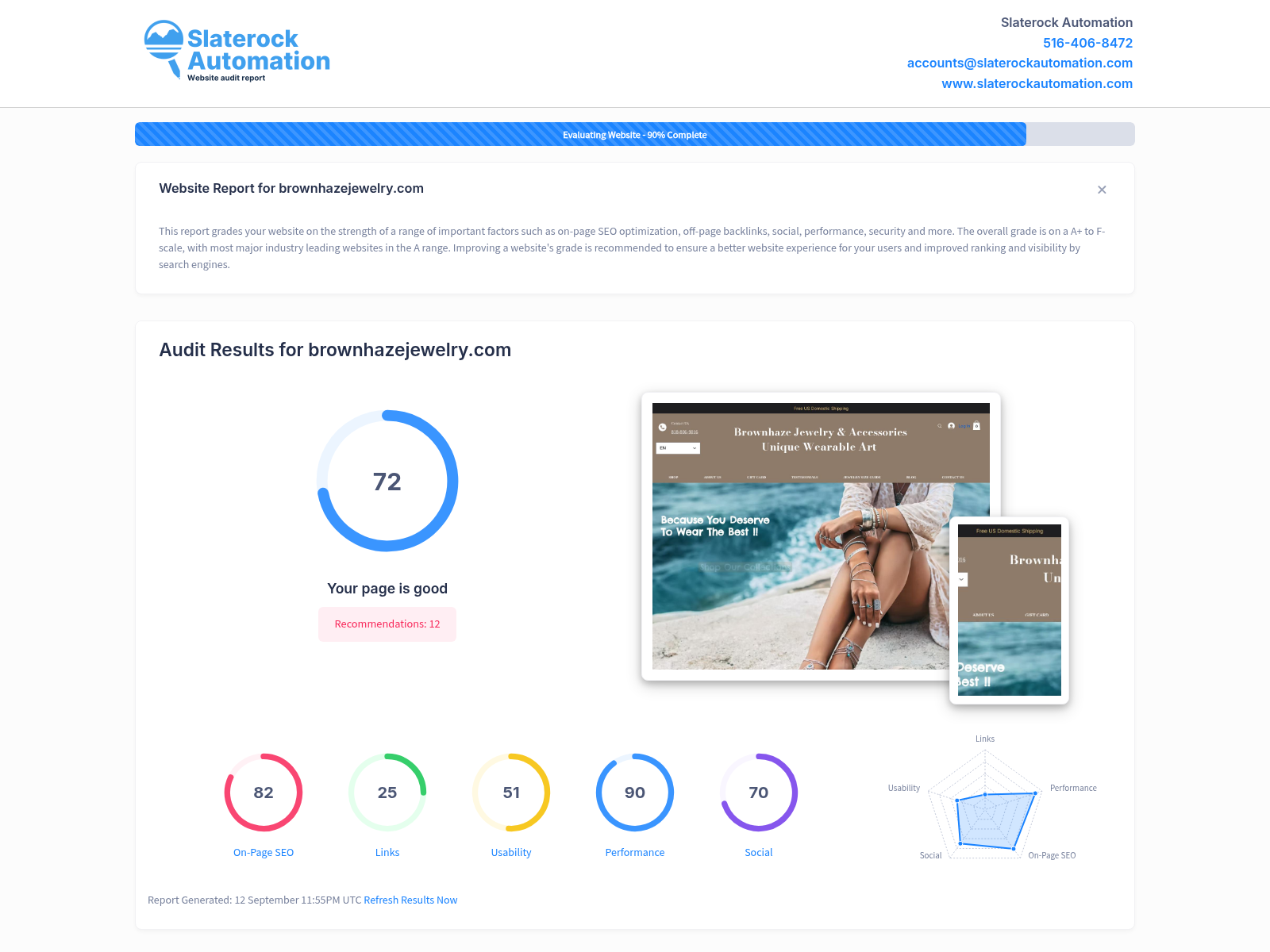A screenshot showcasing the website audit for Brown Haze Jewelry, highlighting its user-friendly design and quality products.