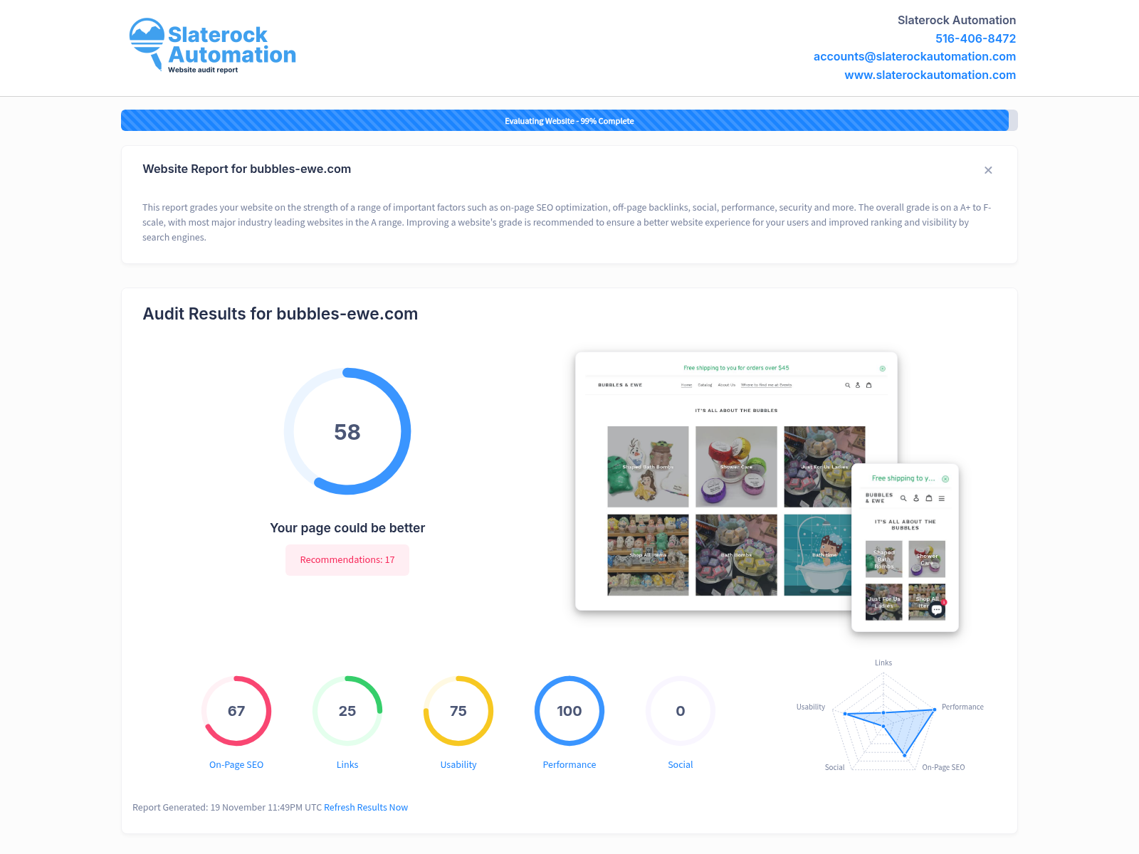 Screenshot of Bubbles Ewe website audit showcasing strong customer reviews and community engagement.