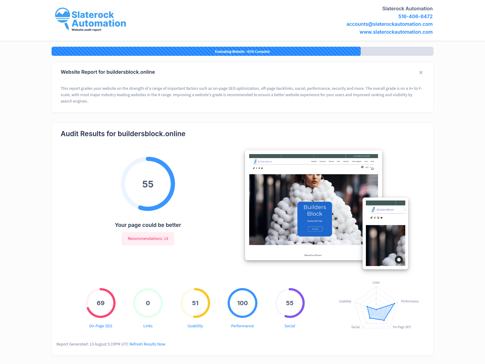 Screenshot of Builders Block website audit showcasing product offerings and customer reviews.