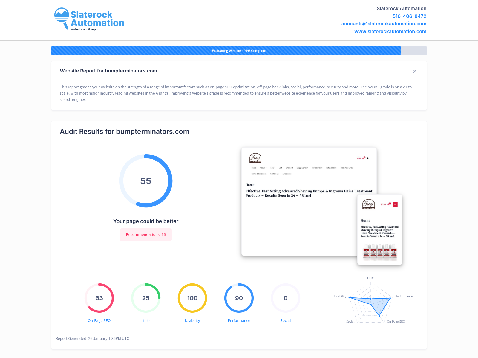A screenshot of Bumpterminators website audit showing product effectiveness and customer reviews.