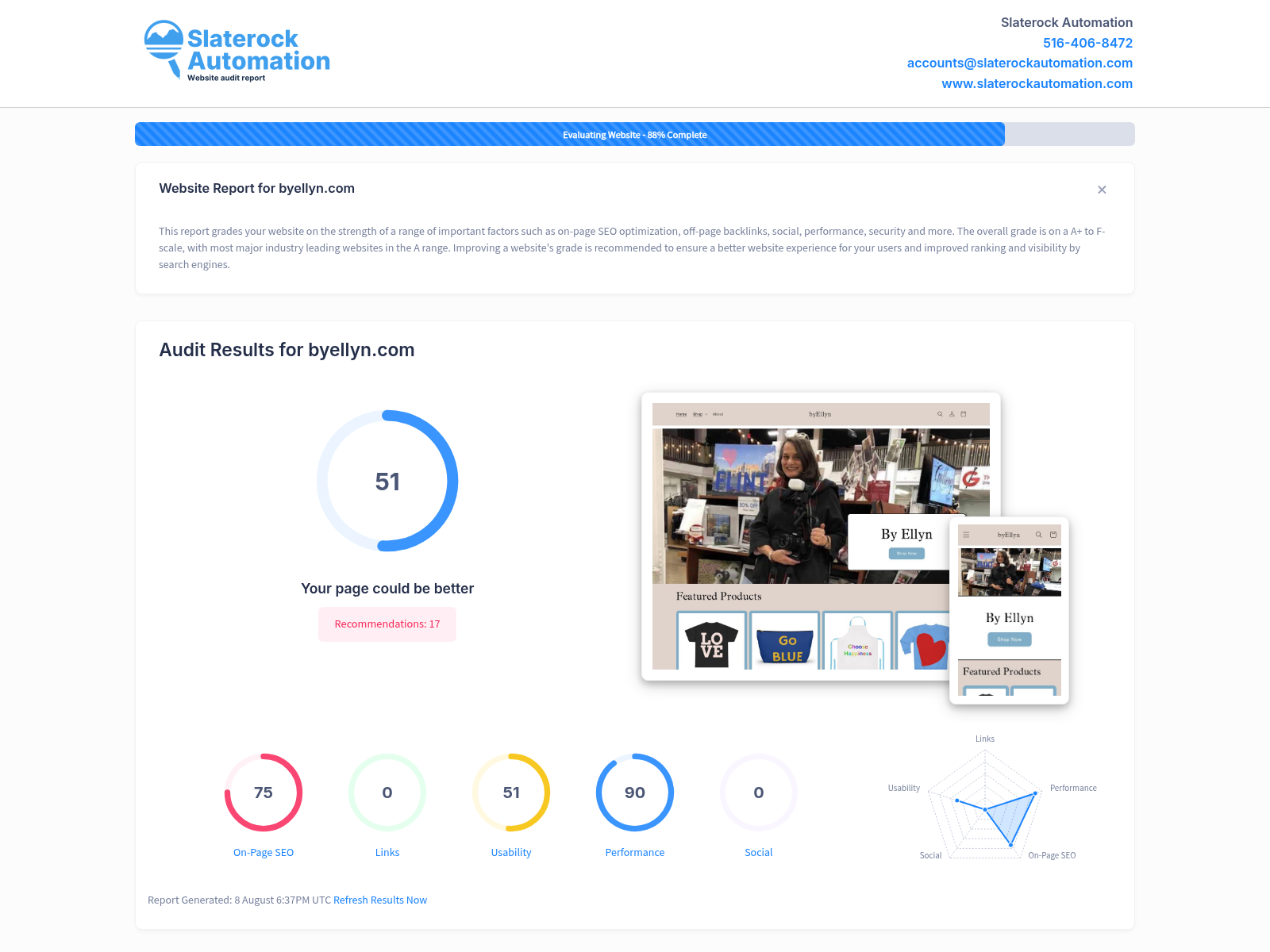 Screenshot of Byellyn's website audit showcasing its strong customer reviews and high service standards.