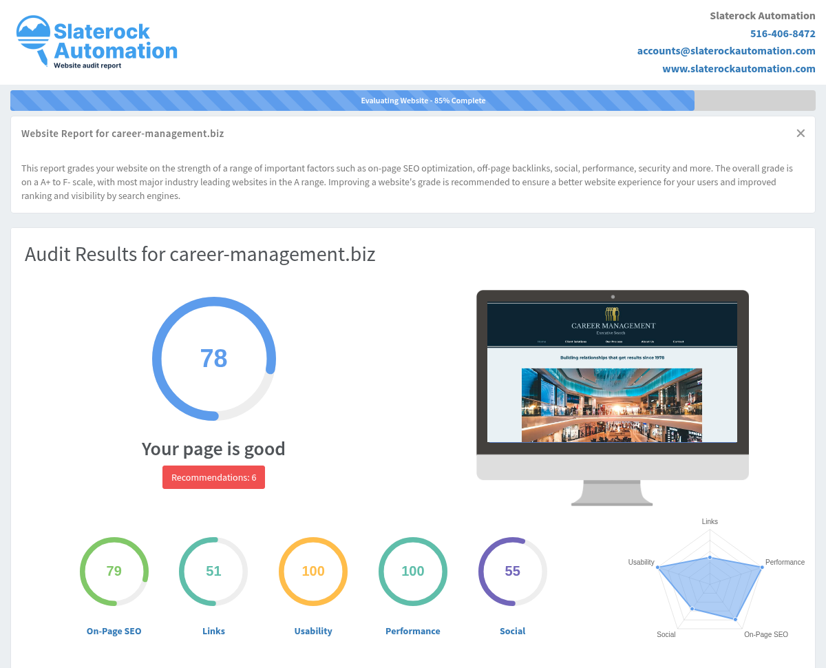 Website audit screenshot showcasing Career Management Inc.'s services and expertise in executive search and recruitment.